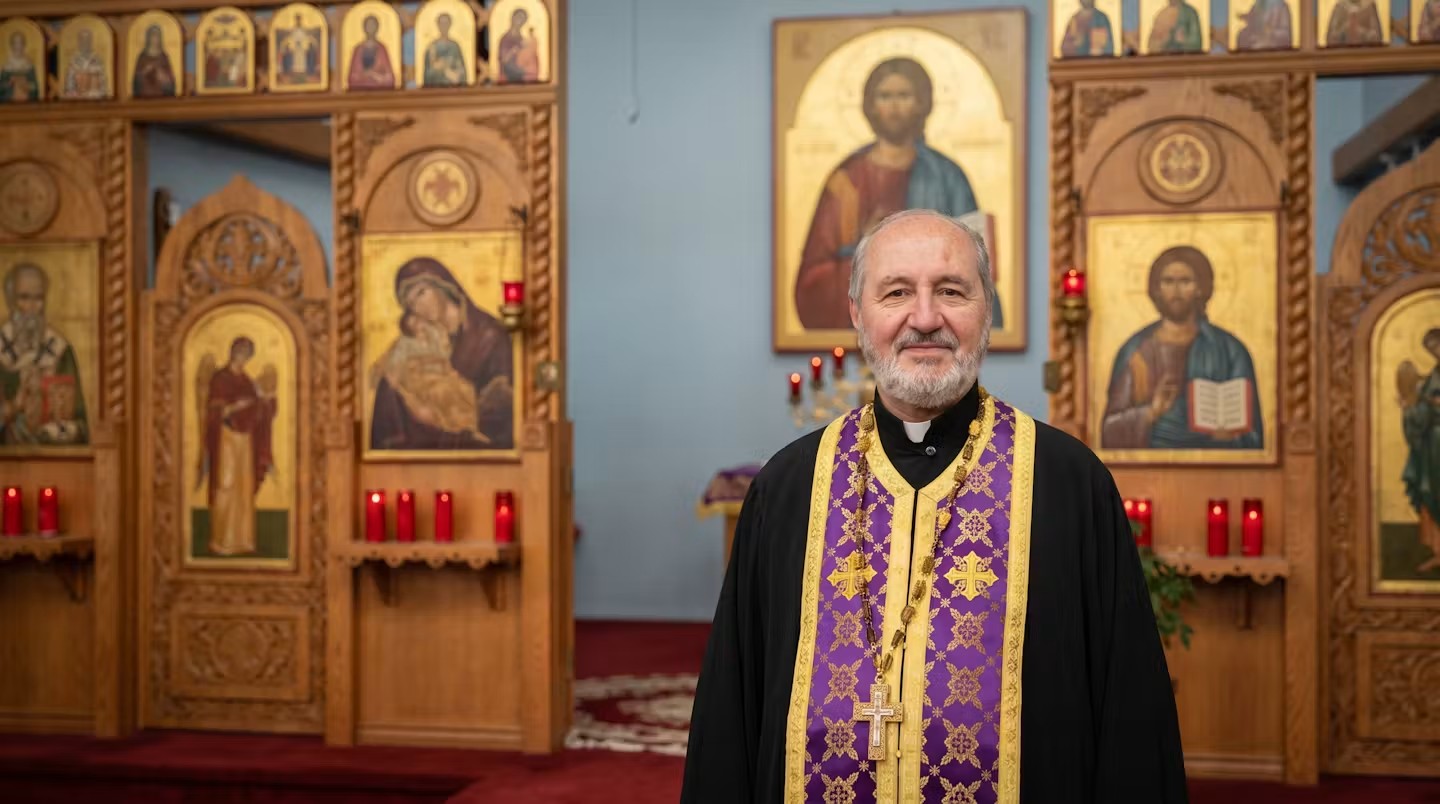 Fr. George Shawareb before the iconostasis at Saint Elias Antiochian Orthodox Church, Arvada, Colorado
